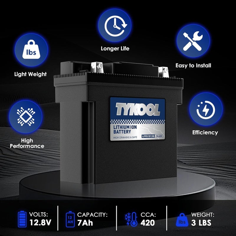 TYKOOL 51913/51814 LiFePO4 Lithium Motorcycle Battery, 420CCA,Digital Readout, Fits for BMW motorcycle,R1200RT, K1200LT, R80GS; Champion Generator, Dual Fuel Generator, Lawn Mower Battery - Image 2